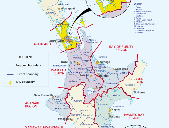 North Island regional, district and city boundaries