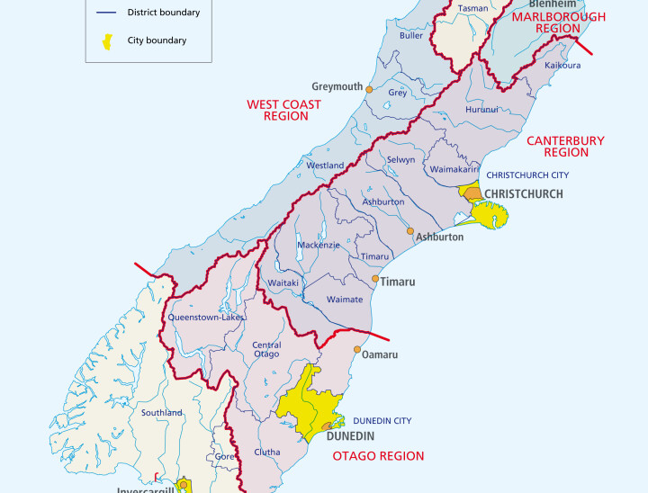 South Island regional, district and city boundaries